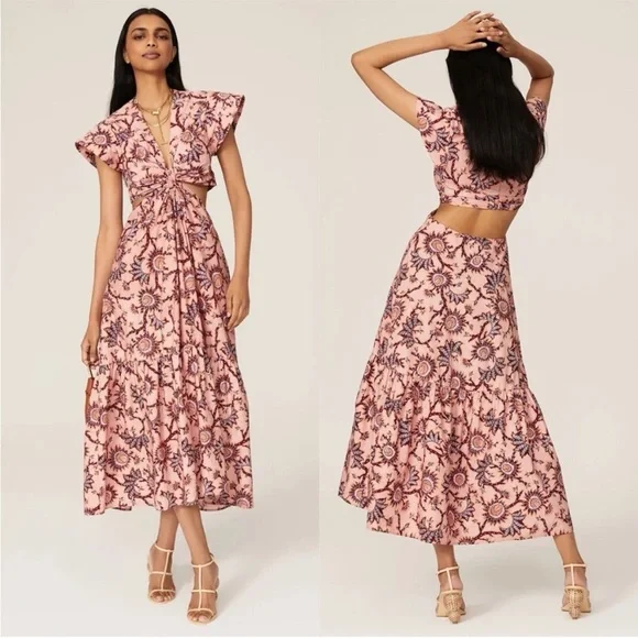 A.L.C Alexandria Pink Floral Printed CutOut Midi Dress Size 4 - Picture 2 of 10